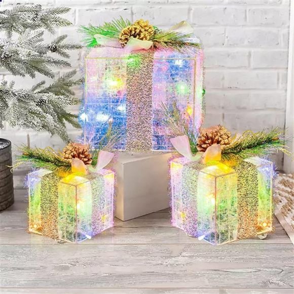 Set of 3 Christmas Lighted Gift Boxes, Pre-lit LED - Picture 1 of 5